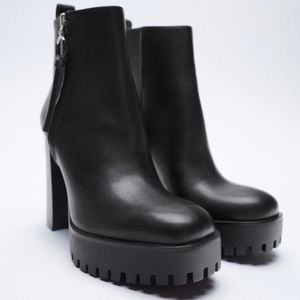 Zara Chunky High Heel Treaded Platform Ankle Boots, EU 40, US 9, Black